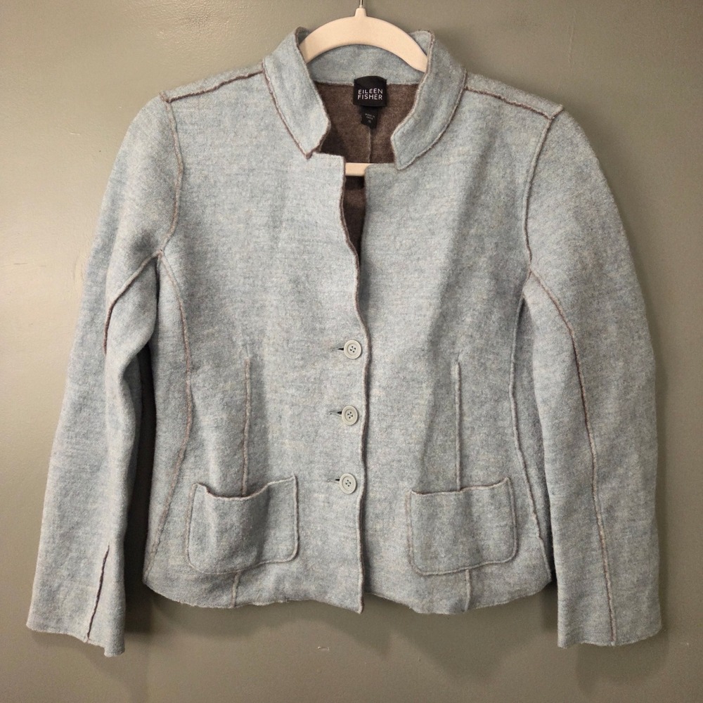Eileen Fisher Merino Wool Blend Button Up Cardigan Sweater Jacket Blue Size M